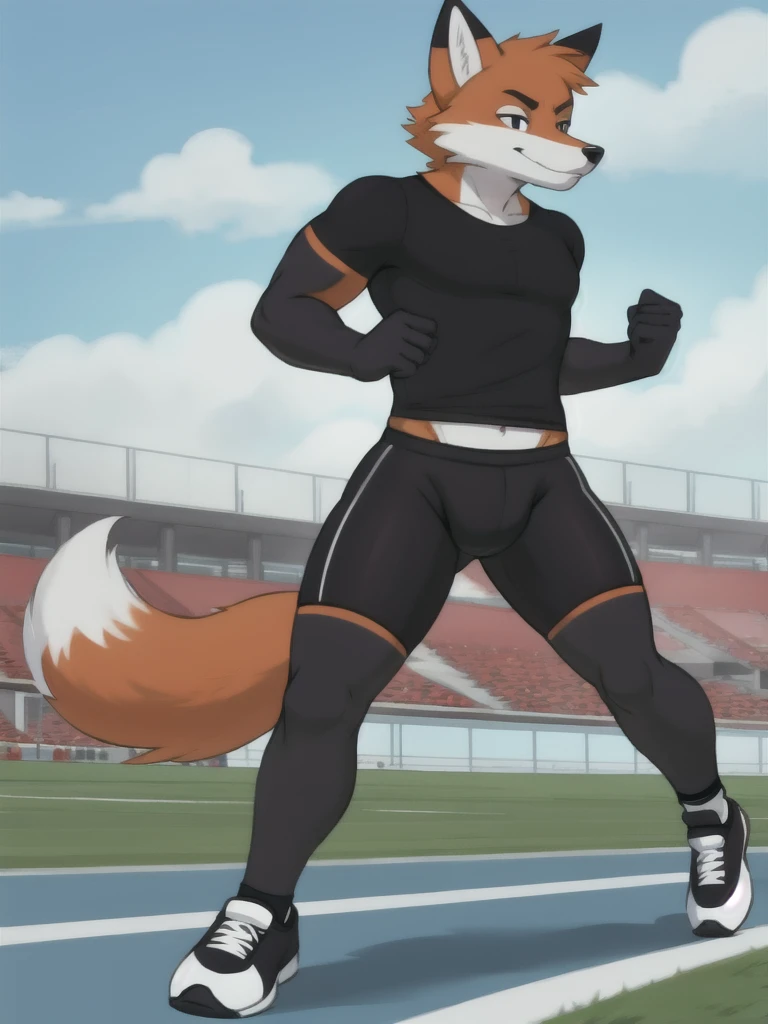 Furry, fox, male, black shirt, black spandex bike shorts, shoes, running track, solo, full body