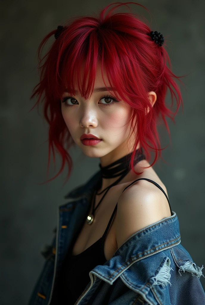 generates a realistic photo of a young Japanese girl with red hair and rocker style
