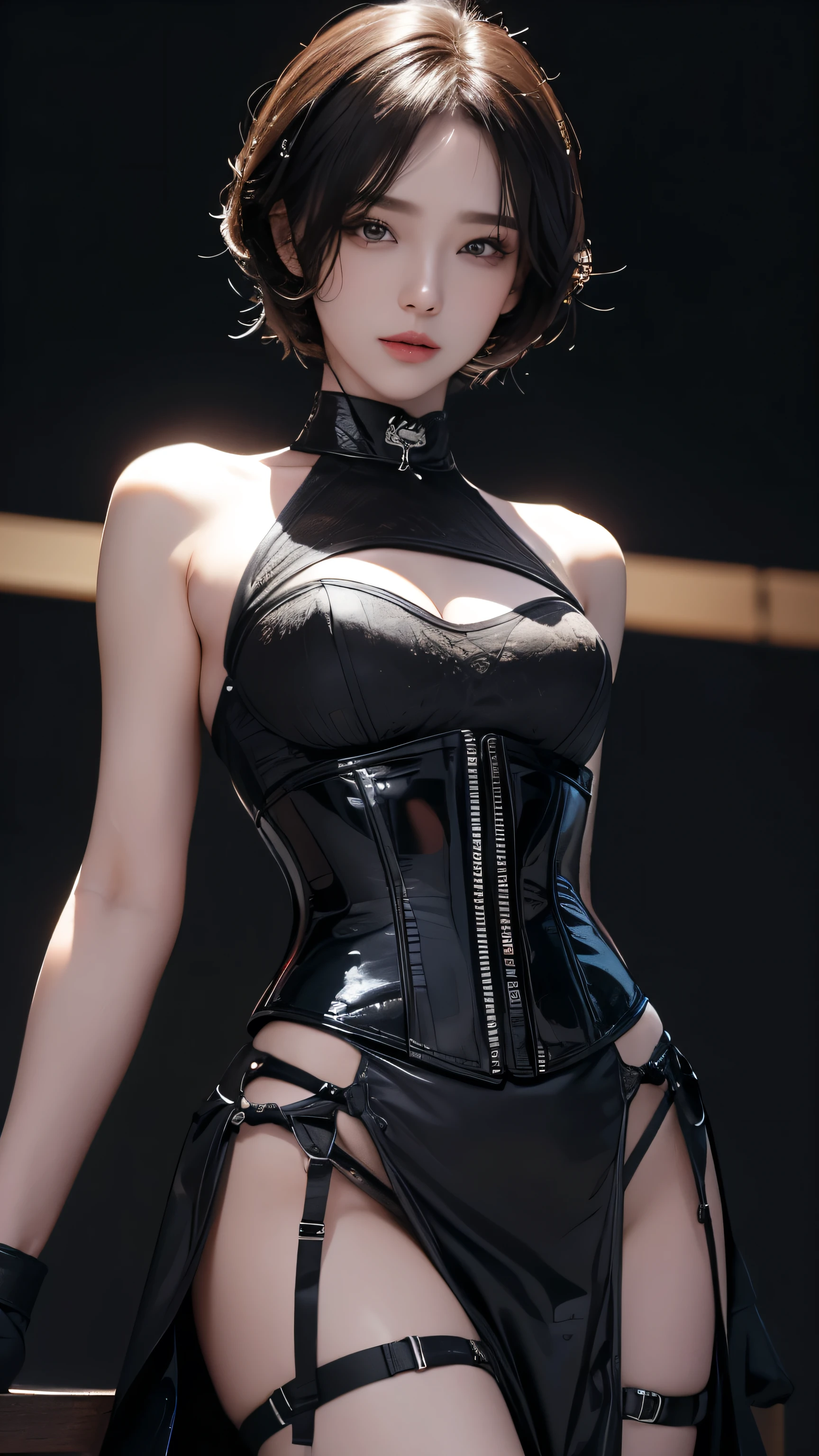 masterpiece, Highest quality, Very detailed, To the camera, Very detailed, Realistic, Sharp features, Very detailed, Sharp focus, Perfect Face, Perfect Face, Perfect symmetry and perfect eyes, Perfect Plump Lips, Flexible female form, cinematic, Film Light, Very detailedな, hyper Realistic, masterpiece, Atmospheric, High resolution, Vibrant, Dynamic Studio Lighting, ((Dark Background)), The facial expression when feeling happy, handcuffs, BDSM, slave, Rubber, Red Corset, (赤いfirst round), ((Highest quality, 8k, masterpiece: 1.3)), Sharp focus: 1.2, Beautiful woman with perfect figure: 1.4, Slim abs: 1.2, Wet body: 1.5, Very detailed face and skin texture, Detailed eyes, double eyelid, Very short hair,((SM lady)),((m嬢)),handcuffs,first round,Red and black outfit
