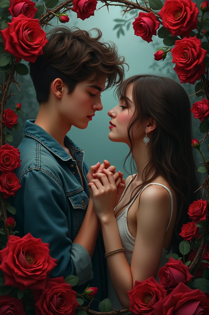 Book cover with red roses, Thorns and two teenagers holding hands