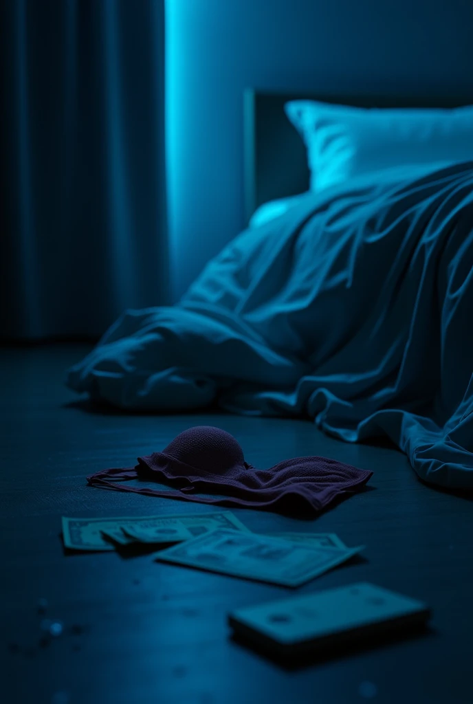 A hotel room with dim blue LED lights and a woman's bra and bills on the floor