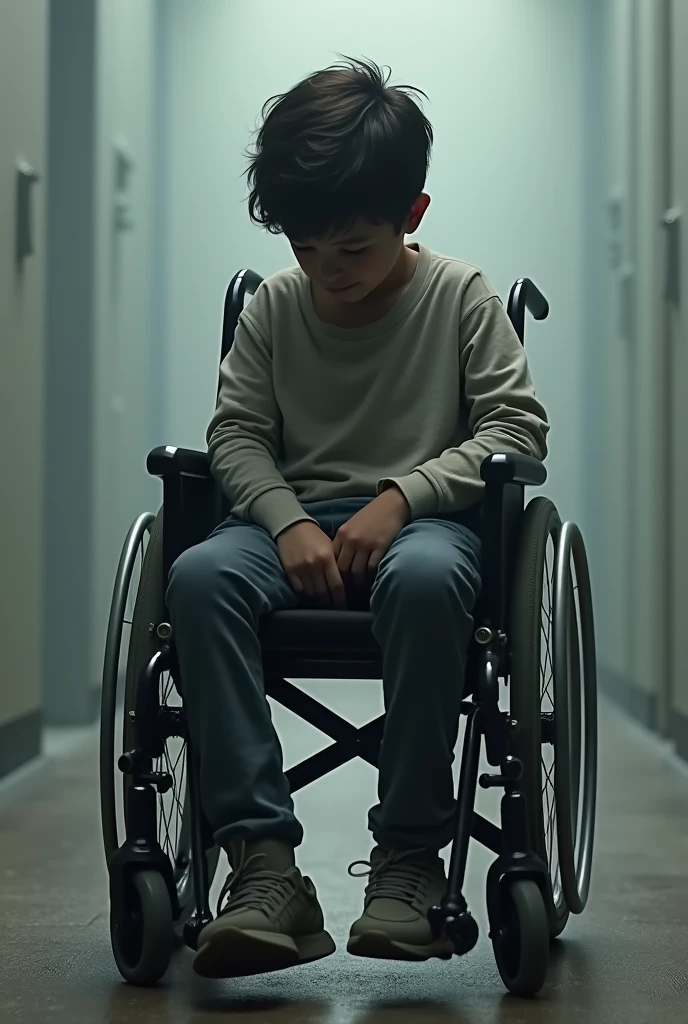 Desperate boy in a wheelchair So that the whole body can be seen Downward facing face His expression is cloudy