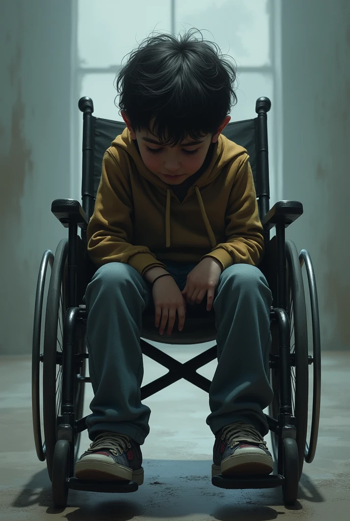 Desperate boy in a wheelchair So that the whole body can be seen Downward facing face His expression is cloudy