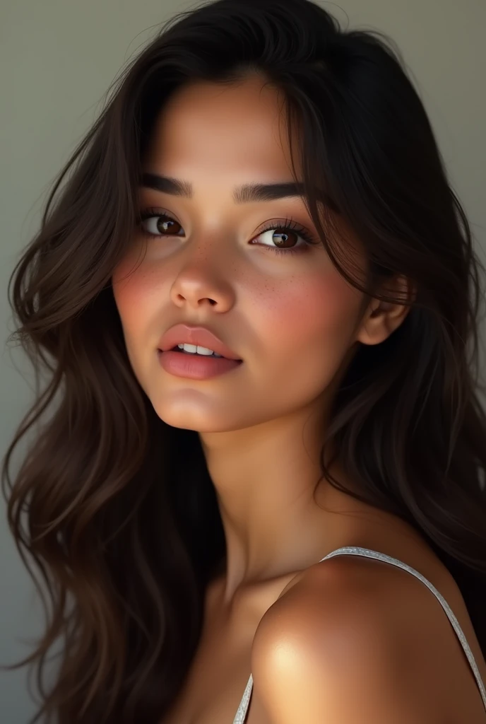 Make a girl with these characteristics - Age: 19 years - Gender: Female - Face: oval,chubby - Skin tone: warm, brown - hair: long, wavy and dark brown - Eyes: big ones, dark, black slanted - Nose: Of average size and shape - Lips: Of a fleshy size - Ethnicity: Latina - Additional Features:  natural marks on the face, brunette look - thin outlined eyebrows