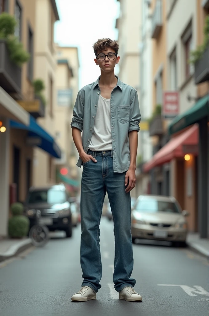 A young man was standing on the street. He was wearing long jeans, a shirt, and clear glasses.
His body proportions are thin