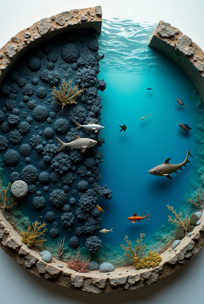 A circular model of ocean pollution by chemicals separated in the center showing a very dirty side contaminated by oil, gasoline and another very well maintained and clean