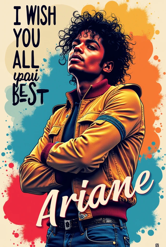 Birthday card, that says HAPPY BIRTHDAY ARIANE in Spanish with big letters on a very stylish card, I wish you all the best in the background and a colorful drawing of Michael Jackson 
