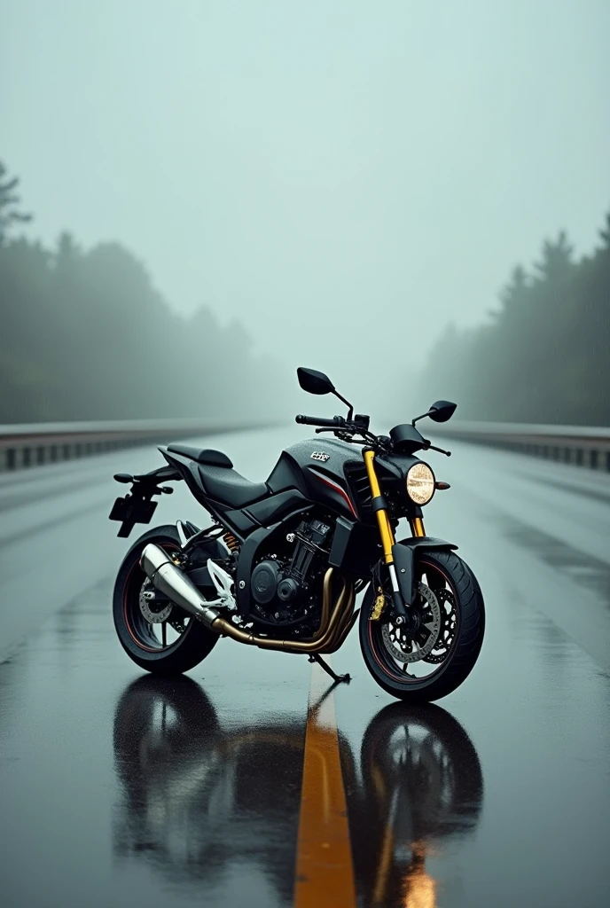 just a black and gold CB 600 Hornet motorcycle, without anyone on top of her, on a clear and rainy day but focusing on the bike, stopped on a highway but with no traffic around
