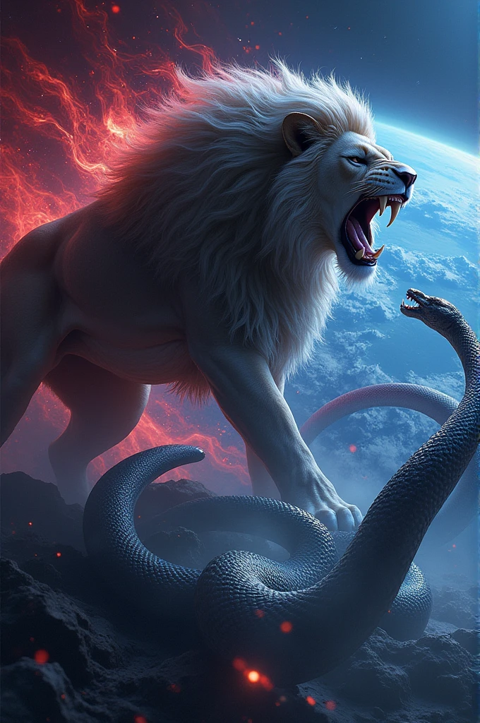 Lion vs snake very dangerous fight between earth in red blue light under space