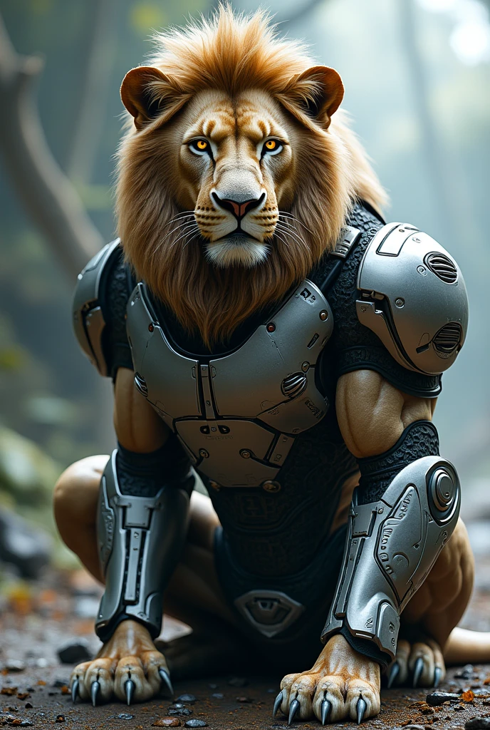 Lion sitting in the world with robotic costume
And dangerous look