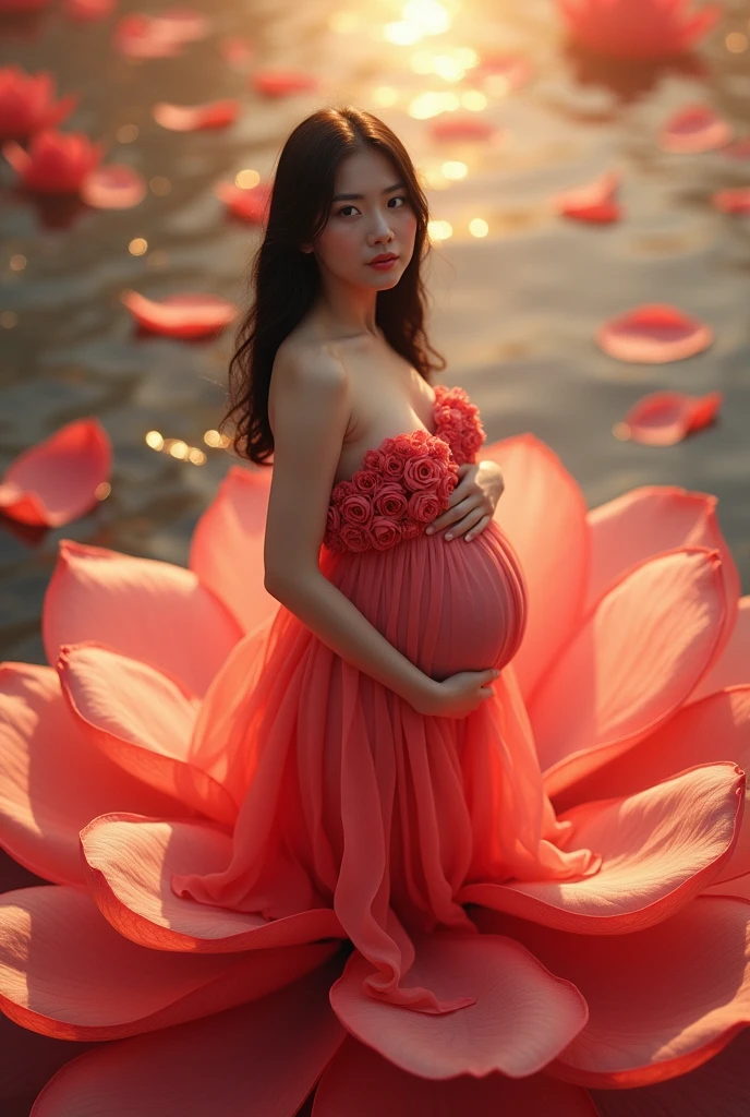 full length, black hair pregnant , woman watching in camera , full body font pose , both hand on belly yellow dress , Beautiful face, dress made of red rose petals, Light pink and light white tones, Esbian Full Body, beautiful backgrouond , daylight, Efeito de Luz, Minimalistic, Solar, pure tenderness, soft lighting, Realism. beautiful woman stand on a super giant lotus with double and long petals (petals made of thin, soft transparent,streaming, fabrics, full background of flowing petals, floating flower, super flying petals, Smoke effect, Fog, some water reflationary mixed with petals), lotus dress, ((ss-through)) full length,yellow dress full body .both hand on belly , watching in camera looking in camera ,