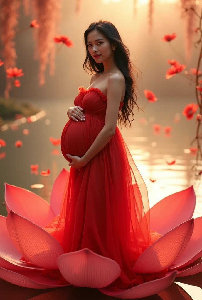 full length, black hair pregnant , woman watching in camera , full body font pose , both hand on belly yellow dress , Beautiful face, dress made of red rose petals, Light pink and light white tones, Esbian Full Body, beautiful backgrouond , daylight, Efeito de Luz, Minimalistic, Solar, pure tenderness, soft lighting, Realism. beautiful woman stand on a super giant lotus with double and long petals (petals made of thin, soft transparent,streaming, fabrics, full background of flowing petals, floating flower, super flying petals, Smoke effect, Fog, some water reflationary mixed with petals), lotus dress, ((ss-through)) full length,yellow dress full body .both hand on belly , watching in camera looking in camera ,