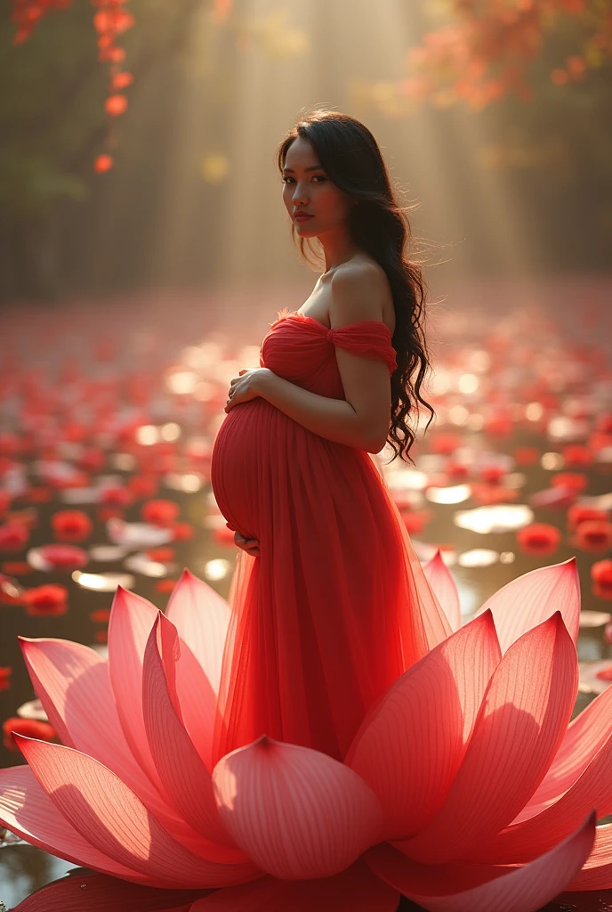 full length, black hair pregnant , woman watching in camera , full body font pose , both hand on belly yellow dress , Beautiful face, dress made of red rose petals, Light pink and light white tones, Esbian Full Body, beautiful backgrouond , daylight, Efeito de Luz, Minimalistic, Solar, pure tenderness, soft lighting, Realism. beautiful woman stand on a super giant lotus with double and long petals (petals made of thin, soft transparent,streaming, fabrics, full background of flowing petals, floating flower, super flying petals, Smoke effect, Fog, some water reflationary mixed with petals), lotus dress, ((ss-through)) full length,yellow dress full body .both hand on belly , watching in camera looking in camera ,