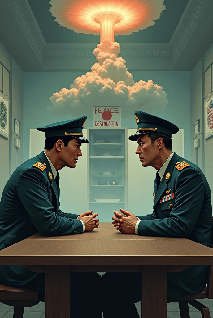 The cartoon shows an American soldier and a Japanese soldier on opposite sides of a negotiating table., both with tense expressions. over the table, there is an atomic bomb and a poster that says: "Peace or Destruction?" The American soldier says: "We need to end this once and for all!" As the Japanese soldier responds: "And what will be the cost??"