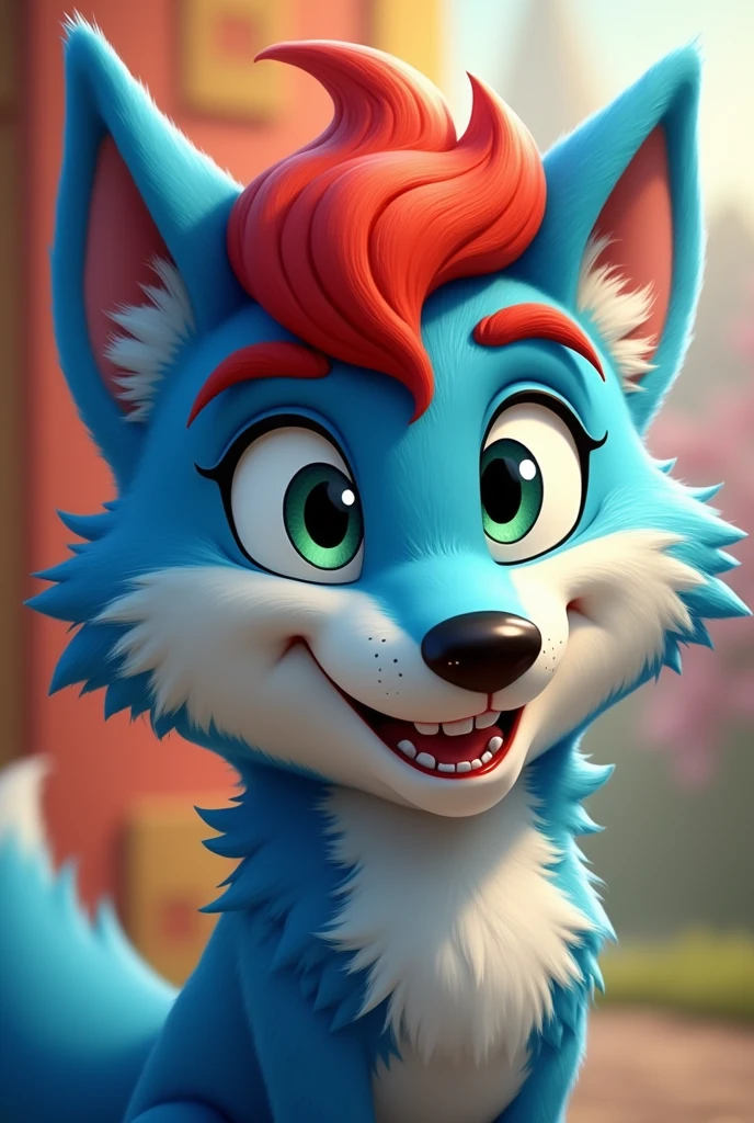 Furry blue wolf, red hair, red Eyebrow, green eyes, male, cartoon theme , head