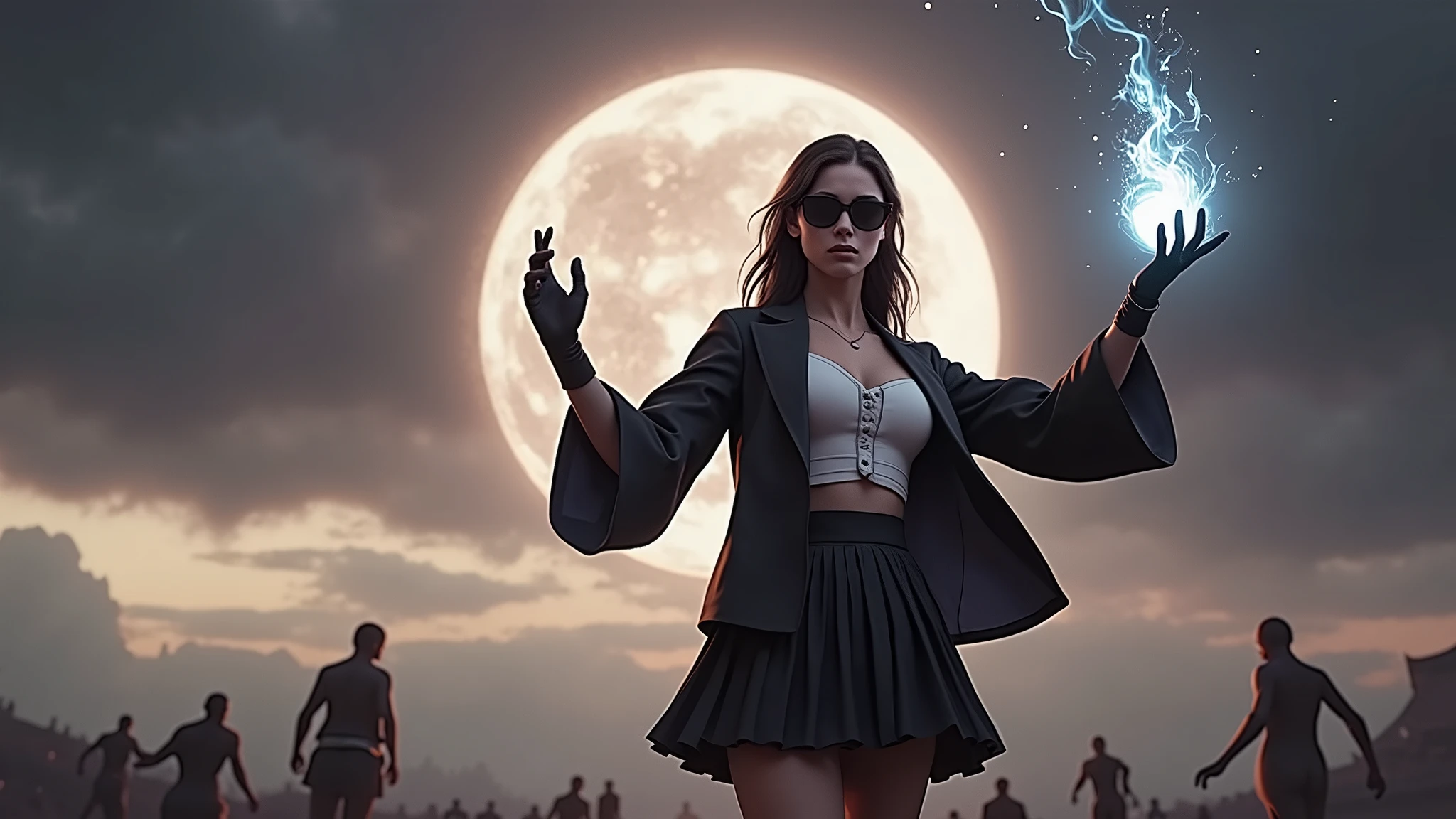 A young futuristic female sorcerer with a glowing floating small crystal stone, releasing mysterial spell and magical power, facing and defeating dark forces and beings. She stands with her right hand raised forward with a blue fire of light, Sun Wukong is chasing behind, at night, (1girl, solo, alone), photorealistic, large-breast slim:0.6 body, oval:0.5 face, cleavage:1.1, very low angle view of pleated miniskirt, deep-v, (upskirt), glove, (Matrix style black micro sunglasses), dynamic running pose, (half-body thigh level close-up shot), cinematic lighting, ray tracing, motion blur background.