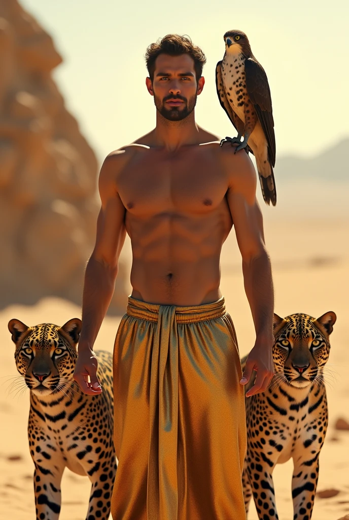 A handsome man with no shirt, golden pants, skinny white skin in the desert with a falcon and two leopards 