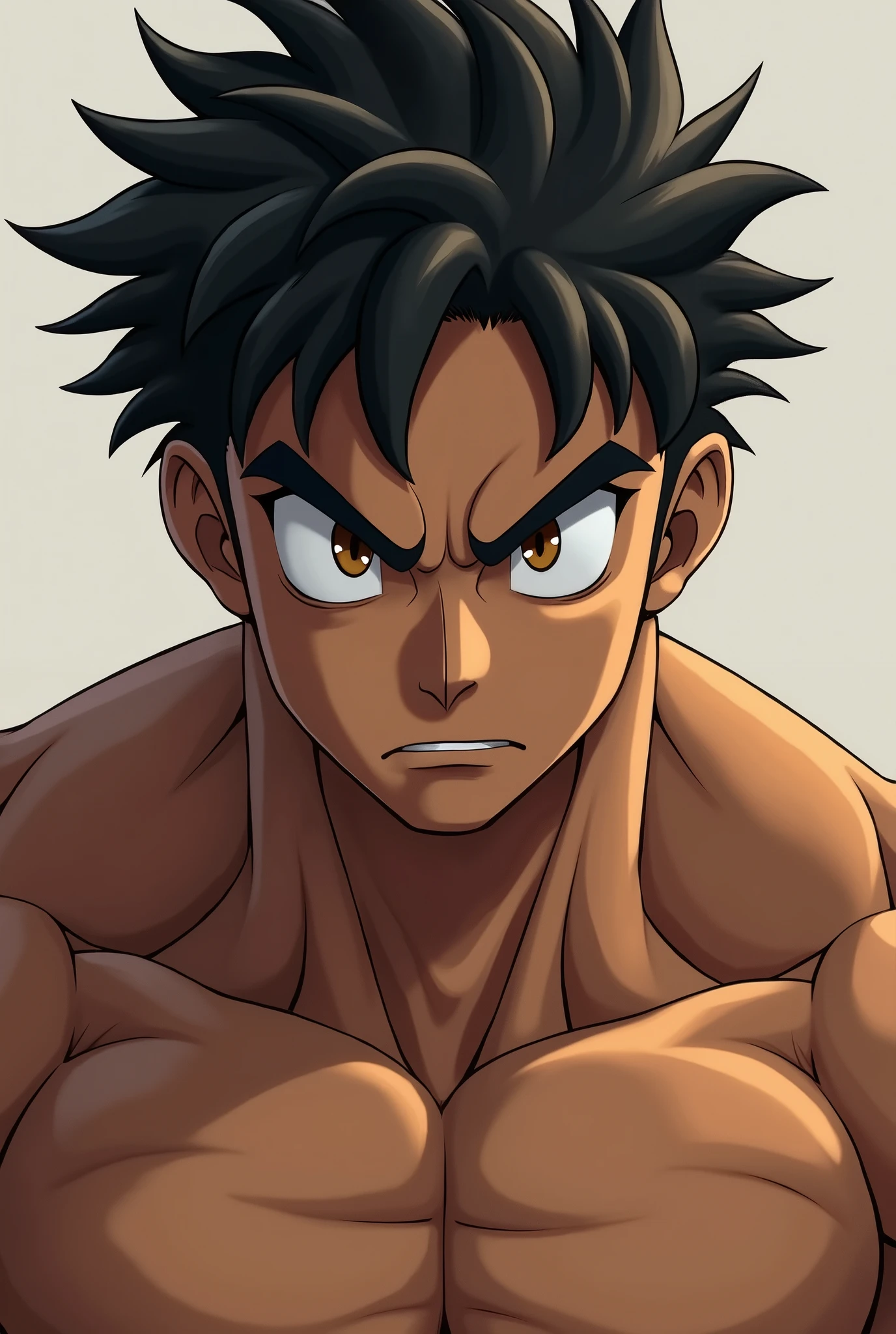 age boy, around 2, Brown skin, black hair is a bit messy, light brown eyes, adult male body, broad chest, strong arms, handsome and somewhat fierce face, fierce, but implied a calm and responsible figure, thick black eyebrows, jaw shape is quite firm, aquiline nose shape but small nasal bone, slightly thin lips, symmetrical face