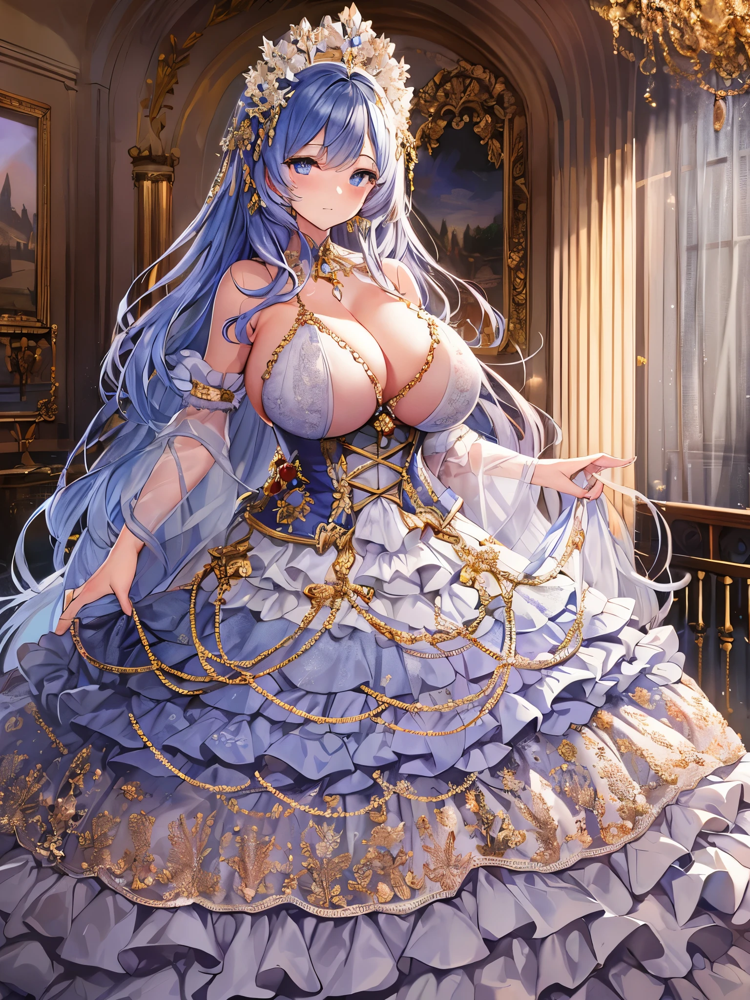 moe anime artstyle,Masterpiece,Best Quality,Super Detail,(Very Delicate and Beautiful),Solo,full body,((full body)),absurdly gigantic breast,(((1 princess in beautiful embroidery and jeweled gorgeous rococo ballgown with voluminous full length crinoline hoop skirt))),(((absurdly gigantic tits,absurdly gigantic breast))),deep cleavage,curvy,Skindentation,((detailed face and eyes)),jewel-like eyes,((crinoline,long train)),beautiful embroidery and jeweled rococo ballgown with voluminous full length crinoline hoop skirt,voluminous rococo ballgown with voluminous full length crinoline hoop skirt,((bling-bling voluminous rococo princess ballgown with voluminous full length crinoline hoop skirt)),((absurdly long Straight hair)),extremely gorgeous hair ornament,((extremely gorgeous big tiara)),luxurious jewelry,(((beautiful embroidery and jeweled gorgeous rococo ballgown with voluminous full length crinoline hoop skirt))),(absurdly gigantic tits,absurdly gigantic breast),(((indoor,bedroom))),Looking at viewer,((full body))