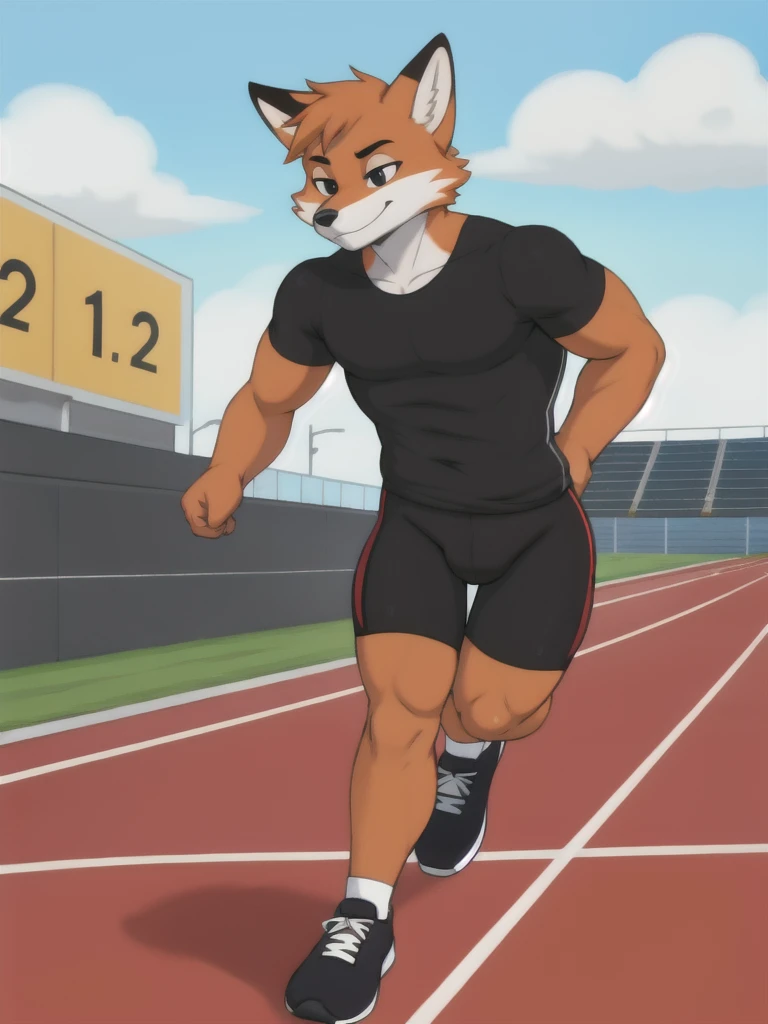 Furry, fox, male, black shirt, black spandex bike shorts, shoes, running track, solo, full body