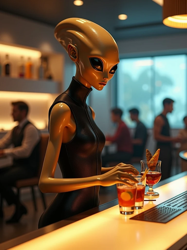 alien at a restaurant doing bartender
