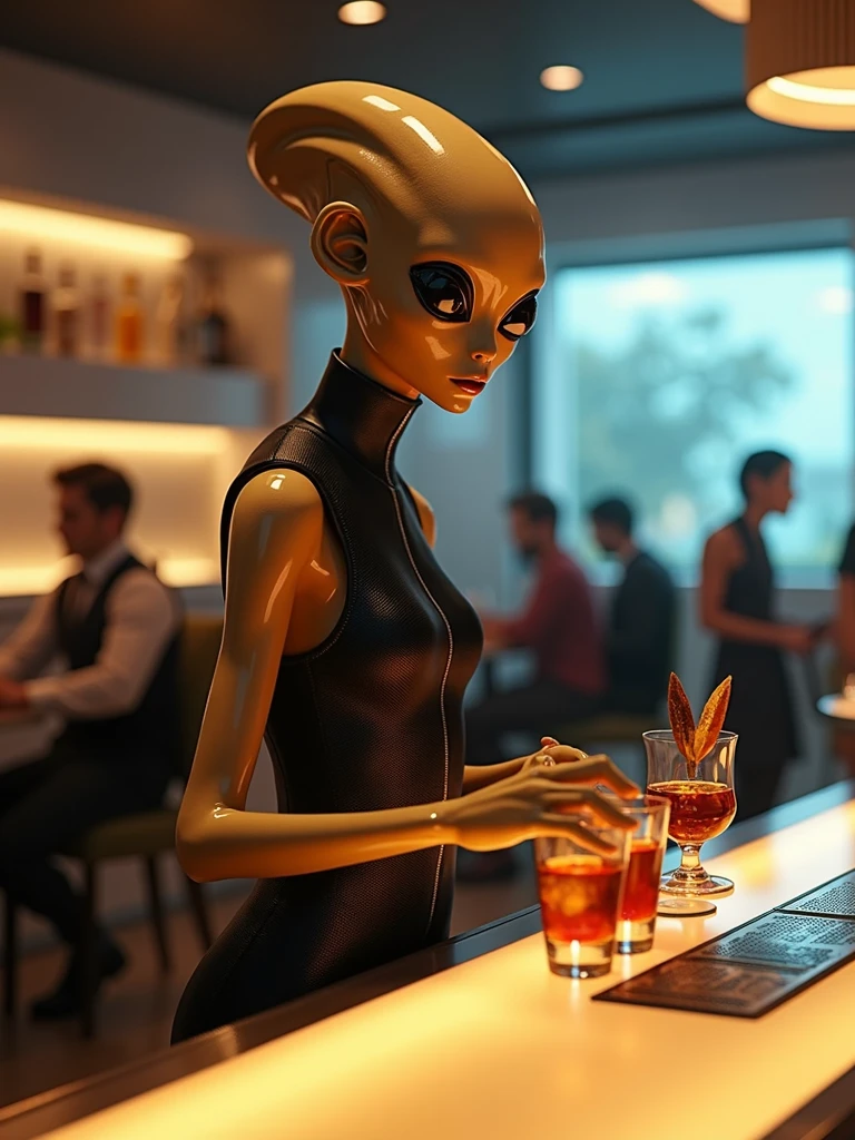 alien at a restaurant doing bartender
