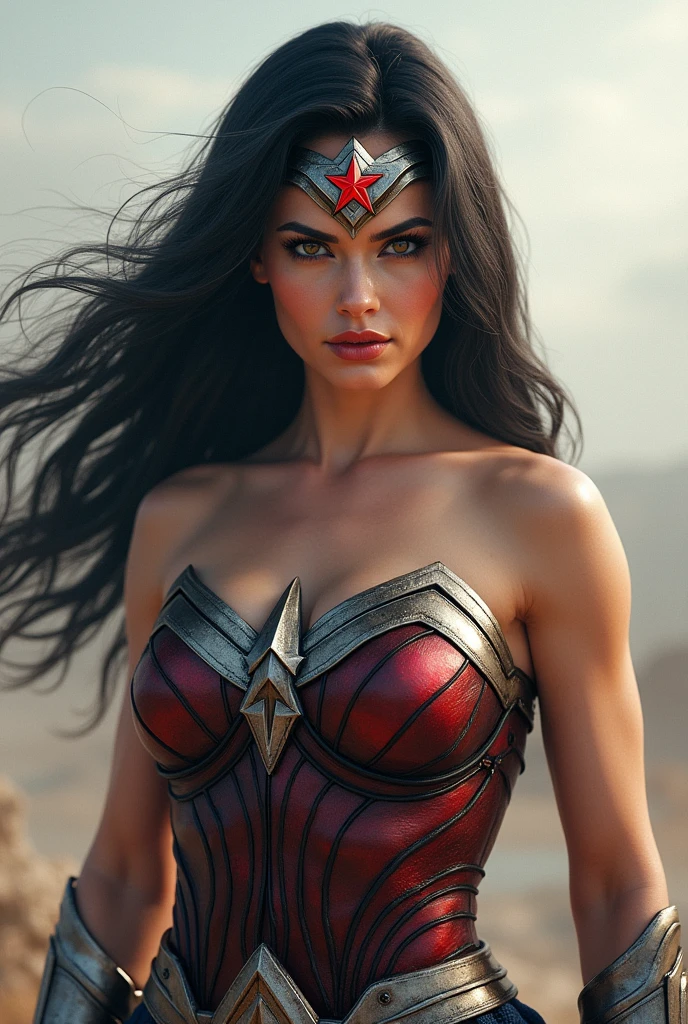 (((Wonder Woman samurai headband in silver colored metal with a red star on her forehead)))