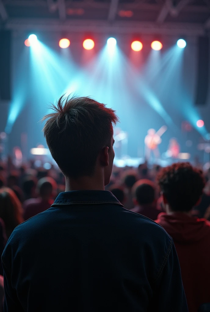 Make the artic monkeys show realistic make a fan young man with short dark blonde hair tall from the back watching the show a little stronger make it more natural 

