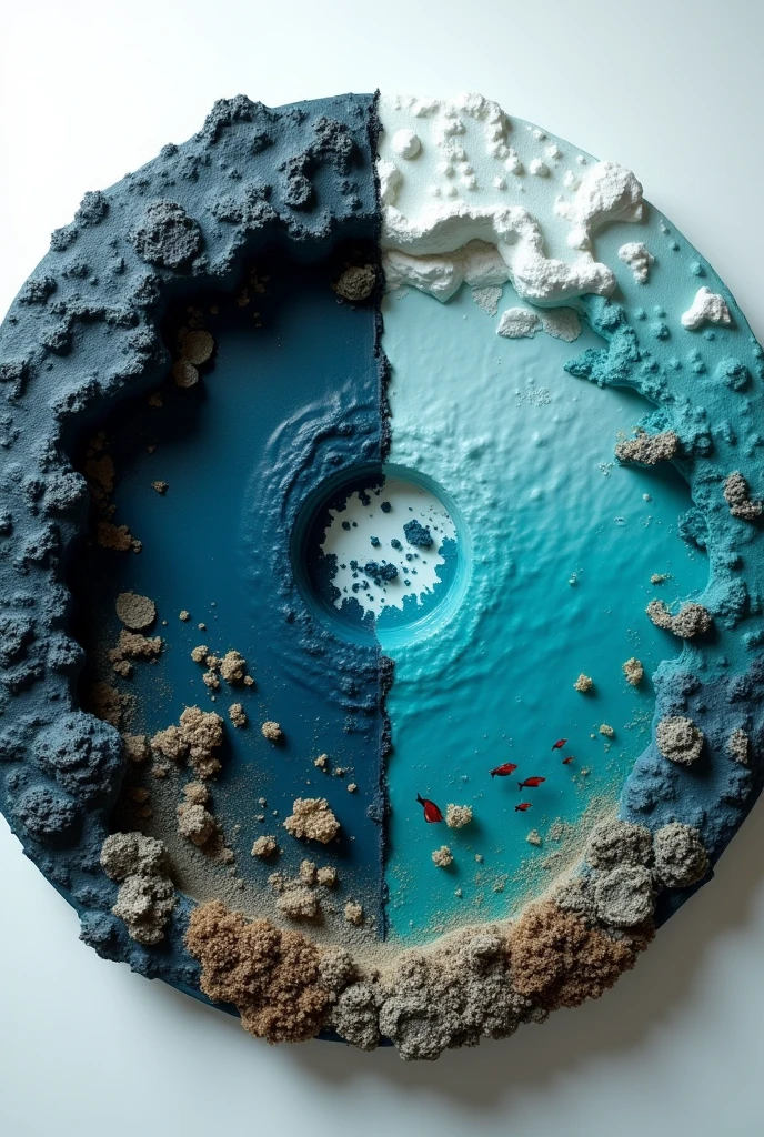 A circular model of ocean pollution by chemicals separated in the center showing a very dirty side contaminated by oil, gasoline and another very well maintained and clean