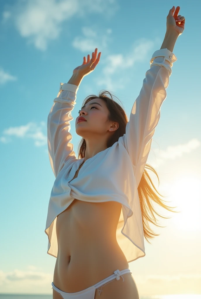 A young korean medium sized body woman with long hair and a casual shirt stands outdoors on a sunny day, her arms raised to the sky as she stretches her body. Her eyes are staring the sky.The warm sunlight casts a gentle glow, highlighting the subtle curve of her navel and the outline of her underwear beneath the shirt. Clouds drift lazily across the blue sky above,realistuc