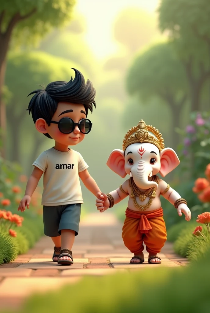 Create a 3D rendered image of a young boy with stylishly messy black hair, wearing sunglasses and a white T-shirt with the name 'AMAR' printed on it. The boy is holding hands and walking with a cute, anthropomorphic version of the Hindu deity Ganesha. Ganesha is depicted with a white, slightly chubby elephant head, adorned with traditional jewelry and a crown. The background is a serene, green, garden-like environment with soft lighting, creating a warm and peaceful atmosphere