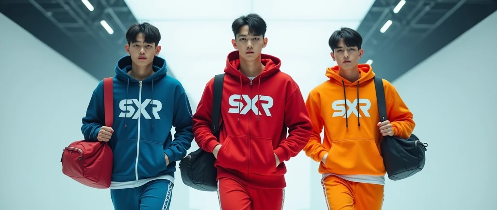 (photorealism:1.2), Three sportwear fashion handsome 18 yrs. old, k pop Asian male model, runway show full body holding sports bag pack, tank top casual wear style, SXR logo design, ultra-detailed, film photography, light leaks, trending on sportwear, sharp focus, studio photo, futuristic details, highly detailed