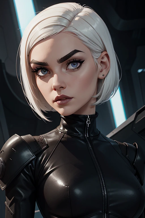 perfect female android, short white hair, Straight Front Fringe covering the forehead up to the eyebrows, Yor Forger style hair, black gothic futuristic outfit with gray details 