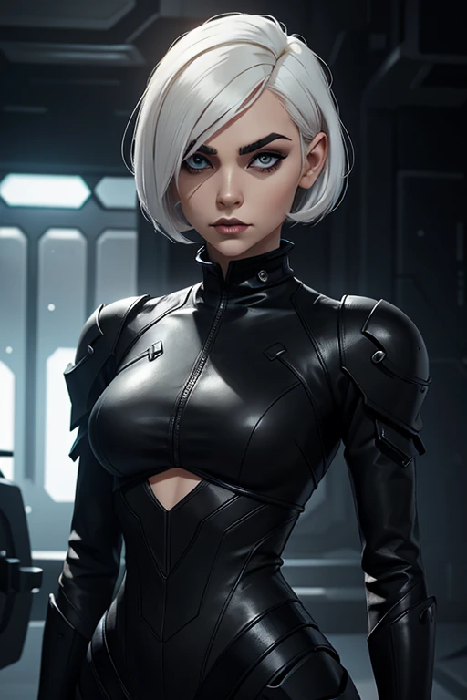 perfect female android, short white hair, Straight Front Fringe covering the forehead up to the eyebrows, Yor Forger style hair, black gothic futuristic outfit with gray details