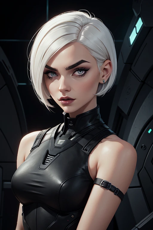 perfect female android, short white hair, Straight Front Fringe covering the forehead up to the eyebrows, Yor Forger style hair, black gothic futuristic outfit with gray details 