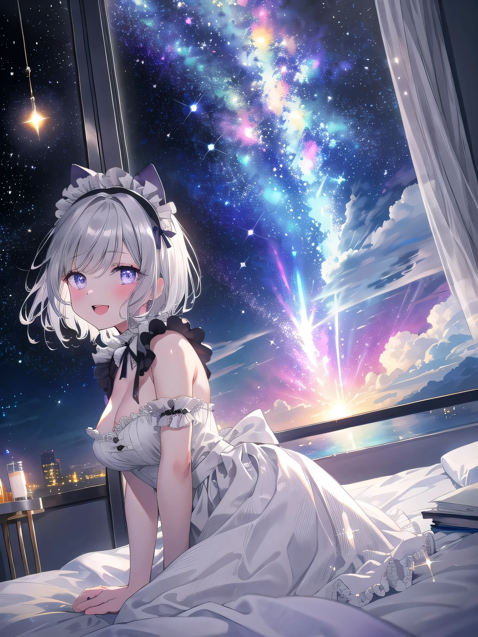 ((8k, highest quality, masterpiece: 1.3)), ultra-high resolution, (1 girl, one person), (color-changing eyes, super detailed, expressive glow, sparkling, shining eyes), highly detailed slightly grayish blue-purple eyes, highly detailed face, short hair, (droopy eyes: 1.2), (hair color, cloud gray), white cat ears, (ecstatic expression: 1.2) white skin, maid outfit, cleavage, (bedside at home, dim: 1.1), starry sky outside the window, front angle, sexy pose