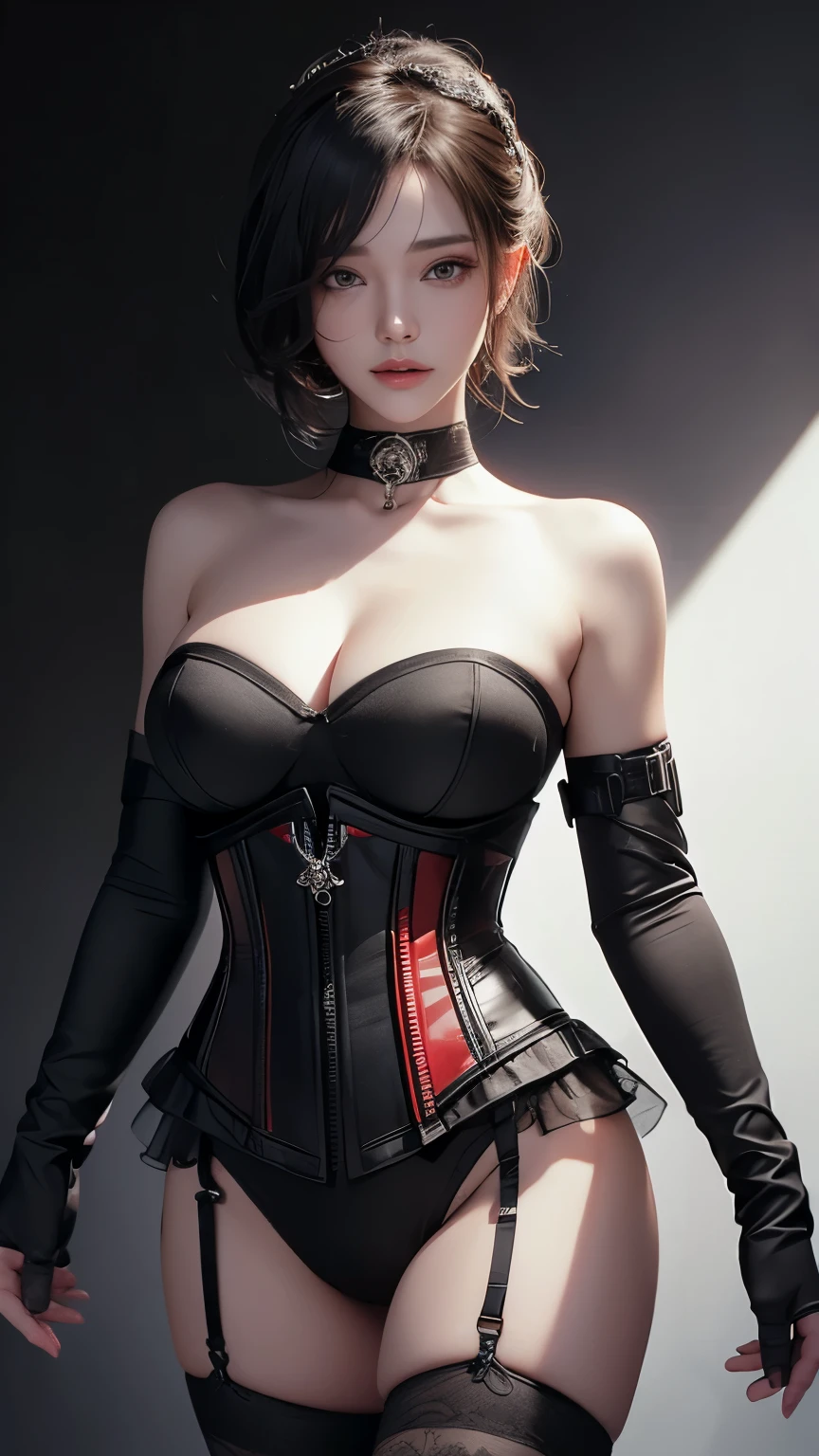 masterpiece, Highest quality, Very detailed, To the camera, 複雑に詳細なVery detailedな, Realistic, Sharp features, Very detailed, Sharp focus, Perfect Face, Perfect Face, Perfect symmetry and perfect eyes, Perfect Plump Lips, Flexible female form, Cinematic, Film Light, Very detailedな, hyper Realistic, masterpiece, Atmospheric, High resolution, Vibrant, Dynamic Studio Lighting, ((Dark Background)), The facial expression when feeling happy, handcuffs, BDSM, slave, Rubber, Red Corset, (赤いfirst round), ((Highest quality, 8k, masterpiece: 1.3)), Sharp focus: 1.2, Beautiful woman with perfect figure: 1.4, Slim Abs: 1.2, Wet body: 1.5, Very detailedな顔と肌の質感, Detailed eyes, double eyelid, Very short hair,((Sm嬢)),((m嬢)),handcuffs,first round,Red and black outfit