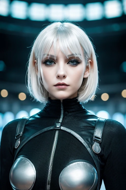 perfect female android, short white hair, Straight Front Fringe covering the forehead up to the eyebrows, Yor Forger style hair, black gothic futuristic outfit with gray details
