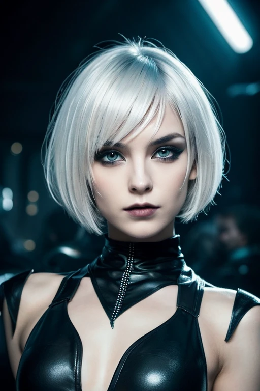 perfect female android, short white hair, Straight Front Fringe covering the forehead up to the eyebrows, Yor Forger style hair, black gothic futuristic outfit with gray details 