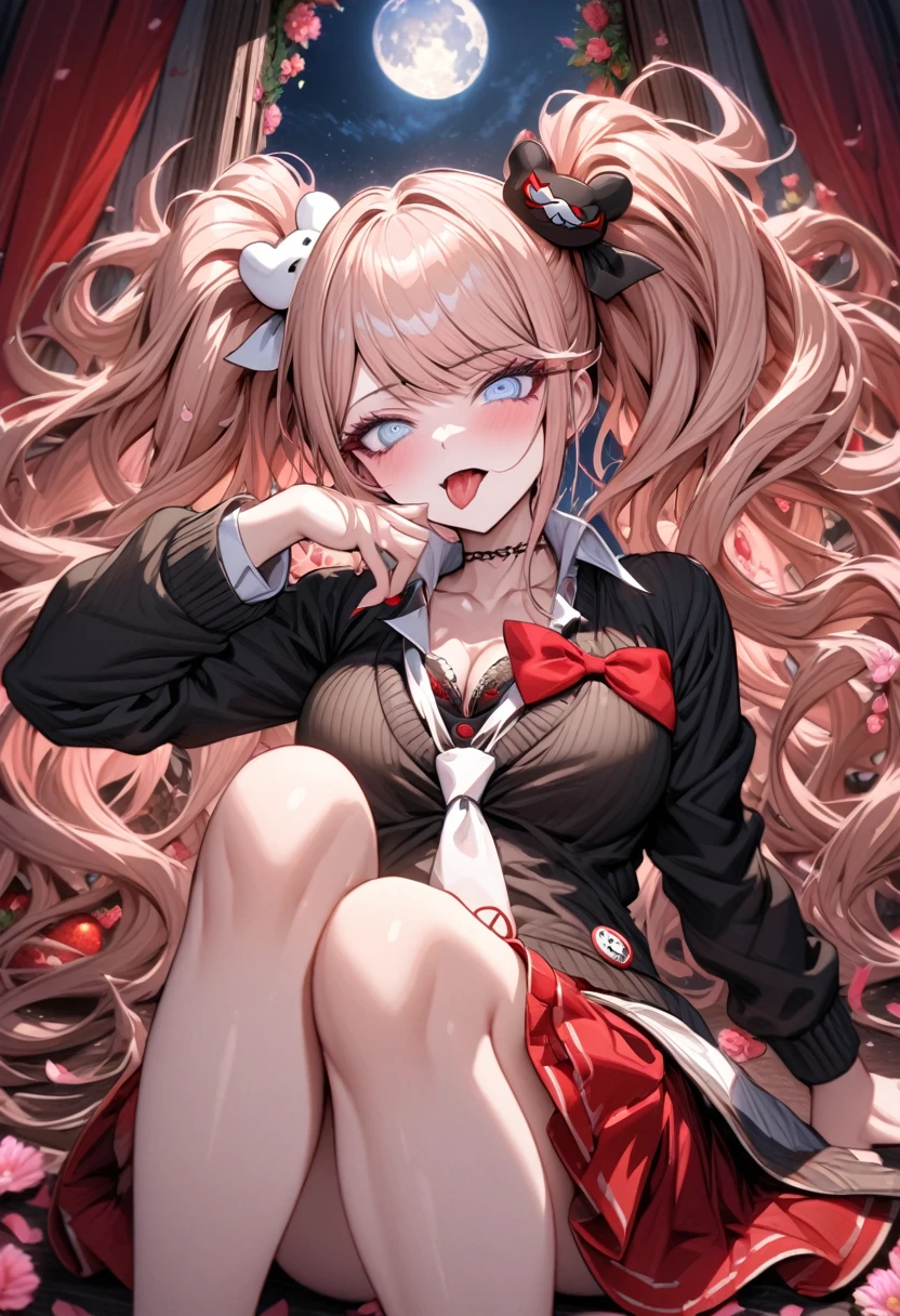 Ultra detailed, highres, absurdres, HDR, master piece, Enoshima Junko, strawberry-blonde hair tied in two twin pigtails, expressive light blue eye, winking, Danganronpa, black cardigan, white long necktie, red skirt, sticking out her tongue, pink flowers, petals, moon, window, red curtains, woman, solo, extremely beautiful, very detailed face and eyes, best quality, fantasy, magical,