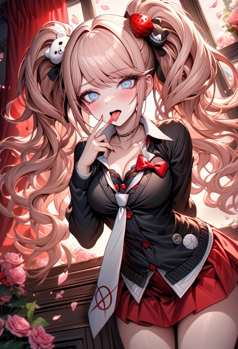 Ultra detailed, highres, absurdres, HDR, master piece, Enoshima Junko, strawberry-blonde hair tied in two twin pigtails, expressive light blue eye, winking, Danganronpa, black cardigan, white long necktie, red skirt, sticking out her tongue, pink flowers, petals, moon, window, red curtains, woman, solo, extremely beautiful, very detailed face and eyes, best quality, fantasy, magical,