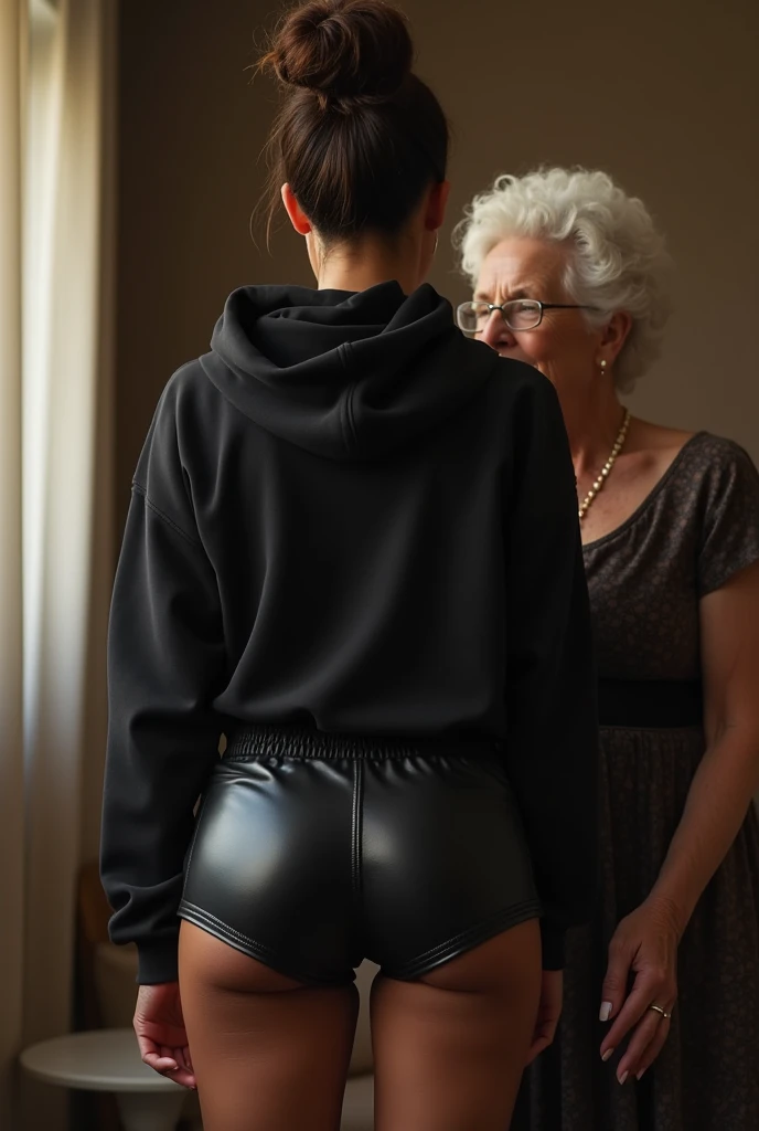 black woman hair in a bun black hoodie black leather short shorts being fucked in the ass by a old grandma in a dress