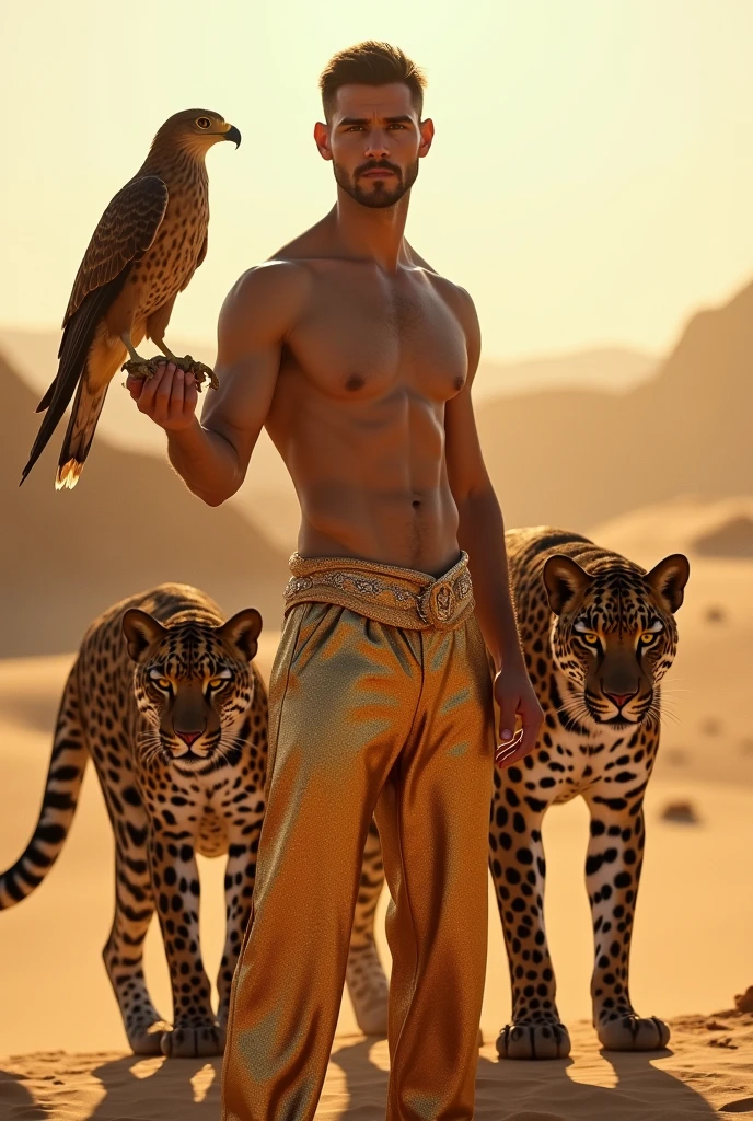 A handsome man with no shirt, golden pants, skinny white skin in the desert with a falcon and two leopards 