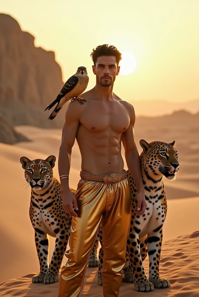 A handsome man with no shirt, golden pants, skinny white skin in the desert with a falcon and two leopards 