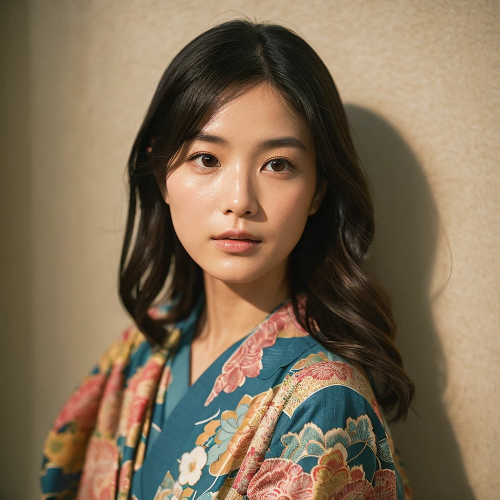 A hyper-realistic image of a single Japanese woman in her early 20s, captured from the shoulders up with the nostalgic warmth and subtle graininess of a film camera. She is wearing a traditional yukata with a vibrant, cute design featuring bold and colorful floral patterns such as cherry blossoms and peonies in shades of pink, red, and lavender, set against a soft pastel background. The obi is elegantly tied with a complementary color, adding a playful touch. The fabric of the yukata appears naturally lightweight, with visible folds and textures that enhance its realism, draping gracefully over her shoulders. Her skin, seen clearly from the shoulders up, has a warm beige tone with a highly realistic, slightly rough texture, showcasing visible pores, fine lines, and minor blemishes, along with subtle unevenness, such as delicate dryness around the cheeks and small natural shadows under the eyes. The lighting is soft and subdued, replicating the gentle, diffused natural light of an overcast day or early evening, creating realistic shadows across her face. These shadows subtly contour her cheekbones, nose, and jawline, adding depth and dimension to her facial features, enhancing the lifelike quality of her skin texture. Her straight, glossy black hair frames her face naturally, slightly tousled, adding to the authenticity of her look. Her deep brown eyes reflect the ambient light, providing depth and a natural, lifelike shine. The film camera effect introduces a noticeable grain and a soft focus, giving the image a warm, nostalgic atmosphere while maintaining the raw, lifelike quality of her skin. The composition is centered solely on her, capturing her serene and understated elegance, focusing closely on the detailed textures of the yukata and the authentic, natural skin texture, with dynamic lighting and shadow play that mimics a real-life photograph.
