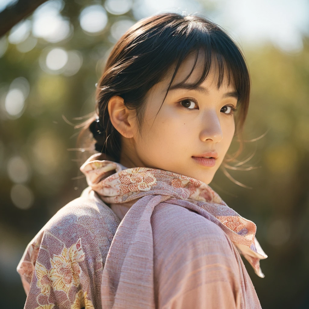 A hyper-realistic image of a single Japanese woman in her early 20s, captured from the shoulders up with the nostalgic warmth and subtle graininess of a film camera. She is wearing a traditional yukata with a vibrant, cute design featuring bold and colorful floral patterns such as cherry blossoms and peonies in shades of pink, red, and lavender, set against a soft pastel background. The obi is elegantly tied with a complementary color, adding a playful touch. The fabric of the yukata appears naturally lightweight, with visible folds and textures that enhance its realism, draping gracefully over her shoulders. Her skin, seen clearly from the shoulders up, has a warm beige tone with a highly realistic, slightly rough texture, showcasing visible pores, fine lines, and minor blemishes, along with subtle unevenness, such as delicate dryness around the cheeks and small natural shadows under the eyes. The lighting is soft and subdued, replicating the gentle, diffused natural light of an overcast day or early evening, creating realistic shadows across her face. These shadows subtly contour her cheekbones, nose, and jawline, adding depth and dimension to her facial features, enhancing the lifelike quality of her skin texture. Her straight, glossy black hair frames her face naturally, slightly tousled, adding to the authenticity of her look. Her deep brown eyes reflect the ambient light, providing depth and a natural, lifelike shine. The film camera effect introduces a noticeable grain and a soft focus, giving the image a warm, nostalgic atmosphere while maintaining the raw, lifelike quality of her skin. The composition is centered solely on her, capturing her serene and understated elegance, focusing closely on the detailed textures of the yukata and the authentic, natural skin texture, with dynamic lighting and shadow play that mimics a real-life photograph.