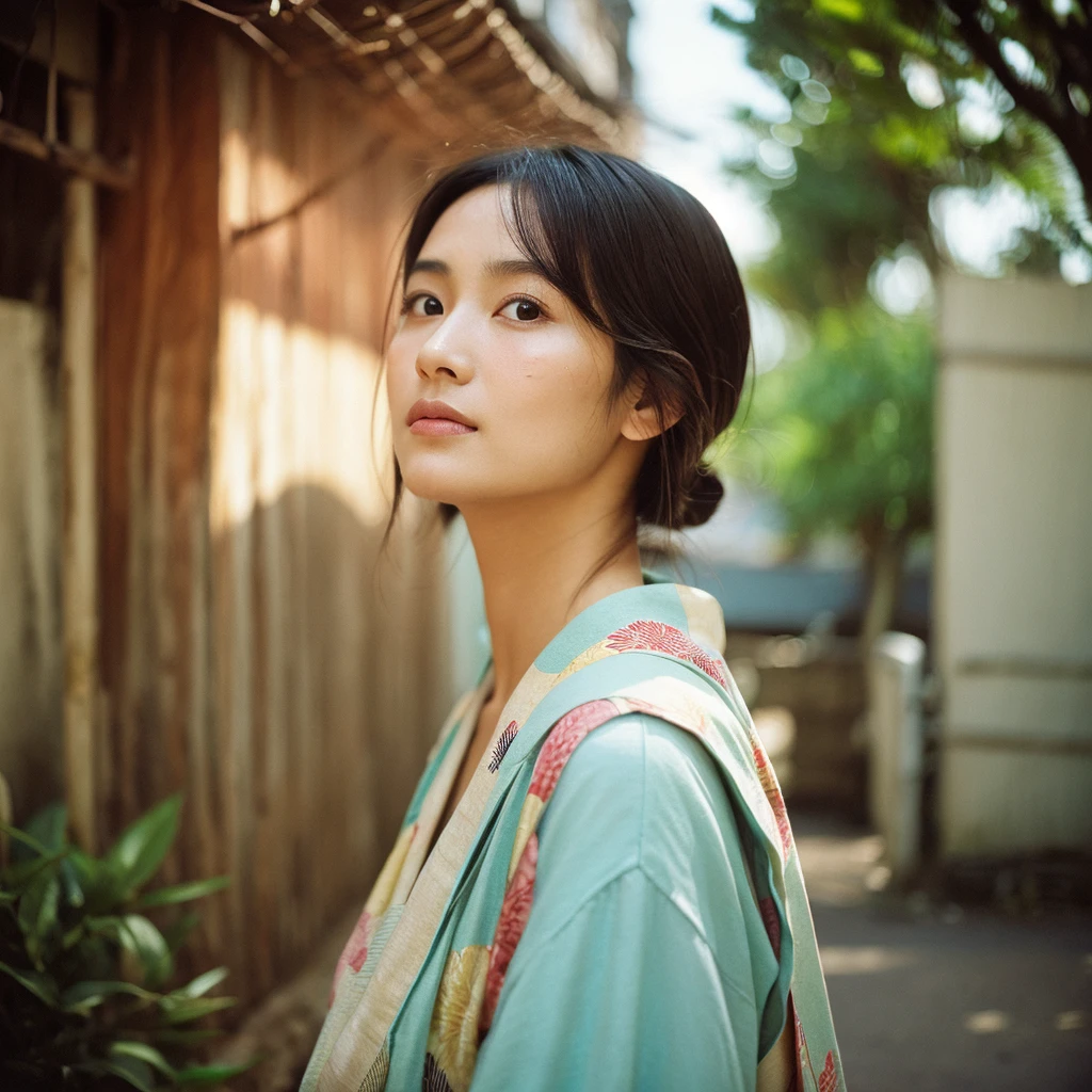 A hyper-realistic image of a single Japanese woman in her early 20s, captured from the shoulders up with the nostalgic warmth and subtle graininess of a film camera. She is wearing a traditional yukata with a vibrant, cute design featuring bold and colorful floral patterns such as cherry blossoms and peonies in shades of pink, red, and lavender, set against a soft pastel background. The obi is elegantly tied with a complementary color, adding a playful touch. The fabric of the yukata appears naturally lightweight, with visible folds and textures that enhance its realism, draping gracefully over her shoulders. Her skin, seen clearly from the shoulders up, has a warm beige tone with a highly realistic, slightly rough texture, showcasing visible pores, fine lines, and minor blemishes, along with subtle unevenness, such as delicate dryness around the cheeks and small natural shadows under the eyes. The lighting is soft and subdued, replicating the gentle, diffused natural light of an overcast day or early evening, creating realistic shadows across her face. These shadows subtly contour her cheekbones, nose, and jawline, adding depth and dimension to her facial features, enhancing the lifelike quality of her skin texture. Her straight, glossy black hair frames her face naturally, slightly tousled, adding to the authenticity of her look. Her deep brown eyes reflect the ambient light, providing depth and a natural, lifelike shine. The film camera effect introduces a noticeable grain and a soft focus, giving the image a warm, nostalgic atmosphere while maintaining the raw, lifelike quality of her skin. The composition is centered solely on her, capturing her serene and understated elegance, focusing closely on the detailed textures of the yukata and the authentic, natural skin texture, with dynamic lighting and shadow play that mimics a real-life photograph.