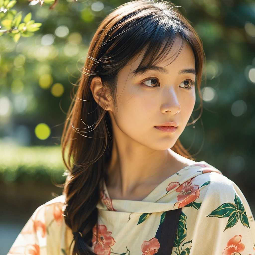 A hyper-realistic image of a single Japanese woman in her early 20s, captured from the shoulders up with the nostalgic warmth and subtle graininess of a film camera. She is wearing a traditional yukata with a vibrant, cute design featuring bold and colorful floral patterns such as cherry blossoms and peonies in shades of pink, red, and lavender, set against a soft pastel background. The obi is elegantly tied with a complementary color, adding a playful touch. The fabric of the yukata appears naturally lightweight, with visible folds and textures that enhance its realism, draping gracefully over her shoulders. Her skin, seen clearly from the shoulders up, has a warm beige tone with a highly realistic, slightly rough texture, showcasing visible pores, fine lines, and minor blemishes, along with subtle unevenness, such as delicate dryness around the cheeks and small natural shadows under the eyes. The lighting is soft and subdued, replicating the gentle, diffused natural light of an overcast day or early evening, creating realistic shadows across her face. These shadows subtly contour her cheekbones, nose, and jawline, adding depth and dimension to her facial features, enhancing the lifelike quality of her skin texture. Her straight, glossy black hair frames her face naturally, slightly tousled, adding to the authenticity of her look. Her deep brown eyes reflect the ambient light, providing depth and a natural, lifelike shine. The film camera effect introduces a noticeable grain and a soft focus, giving the image a warm, nostalgic atmosphere while maintaining the raw, lifelike quality of her skin. The composition is centered solely on her, capturing her serene and understated elegance, focusing closely on the detailed textures of the yukata and the authentic, natural skin texture, with dynamic lighting and shadow play that mimics a real-life photograph.
