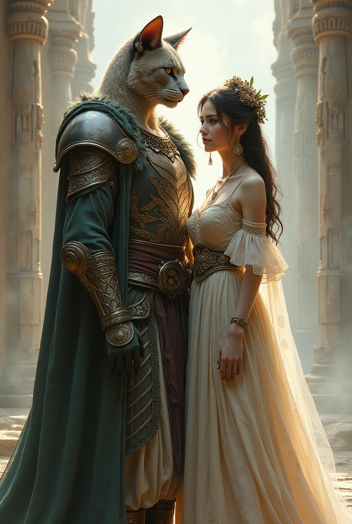 The white human body cat warrior with a beautiful girl in ancient dress