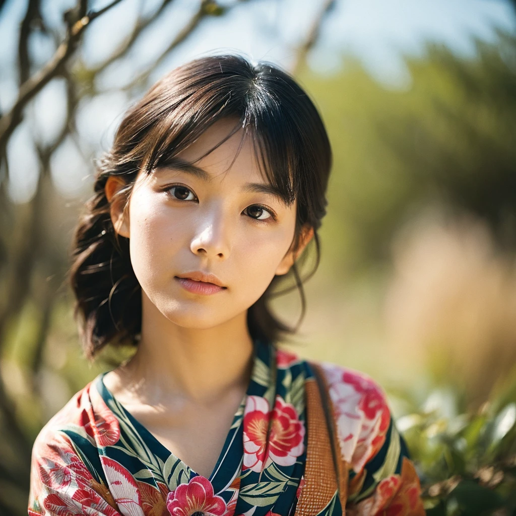 A hyper-realistic image of a single Japanese woman in her early 20s, captured from the shoulders up with the nostalgic warmth and subtle graininess of a film camera. She is wearing a traditional yukata with a vibrant, cute design featuring bold and colorful floral patterns such as cherry blossoms and peonies in shades of pink, red, and lavender, set against a soft pastel background. The obi is elegantly tied with a complementary color, adding a playful touch. The fabric of the yukata appears naturally lightweight, with visible folds and textures that enhance its realism, draping gracefully over her shoulders. Her skin, seen clearly from the shoulders up, has a warm beige tone with a highly realistic, slightly rough texture, showcasing visible pores, fine lines, and minor blemishes, along with subtle unevenness, such as delicate dryness around the cheeks and small natural shadows under the eyes. The lighting is soft and subdued, replicating the gentle, diffused natural light of an overcast day or early evening, creating realistic shadows across her face. These shadows subtly contour her cheekbones, nose, and jawline, adding depth and dimension to her facial features, enhancing the lifelike quality of her skin texture. Her straight, glossy black hair frames her face naturally, slightly tousled, adding to the authenticity of her look. Her deep brown eyes reflect the ambient light, providing depth and a natural, lifelike shine. The film camera effect introduces a noticeable grain and a soft focus, giving the image a warm, nostalgic atmosphere while maintaining the raw, lifelike quality of her skin. The composition is centered solely on her, capturing her serene and understated elegance, focusing closely on the detailed textures of the yukata and the authentic, natural skin texture, with dynamic lighting and shadow play that mimics a real-life photograph.